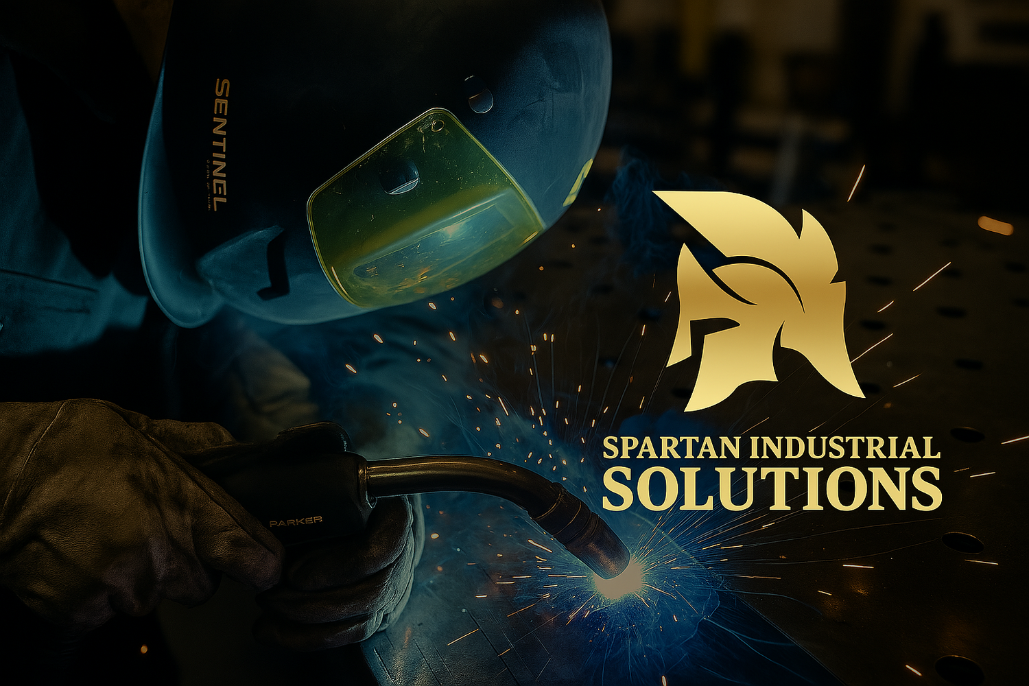 Person welding with sparks and Spartan Industrial Solutions logo in the background